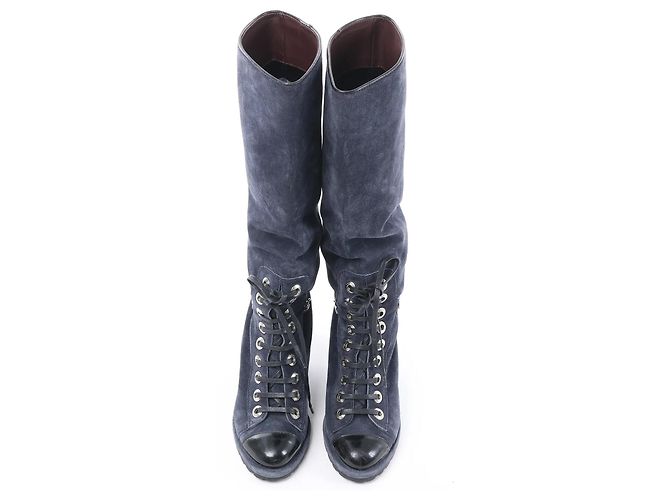 Chanel Wildleder x Lack Stiefel Lang Schwarz x Navy G27002, Größe 37 EU Marineblau - Ansicht 7