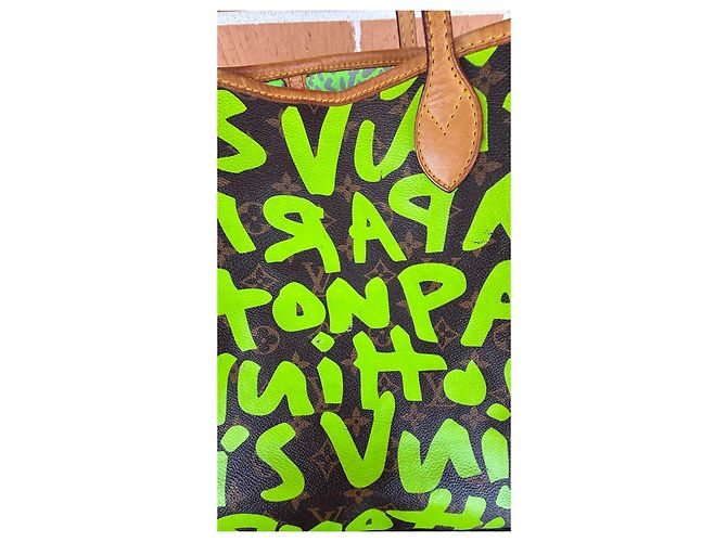 Borsa Louis Vuitton Neverfull GM Monogram Graffiti Marrone Verde - vista 4