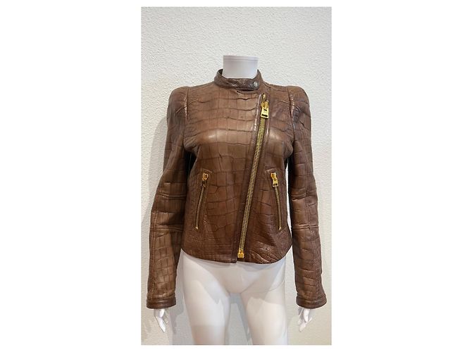 Tom Ford Brown Crocodile Embossed Leather Biker Jacket - view 2