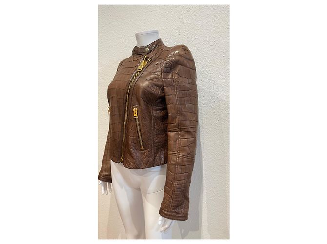 Tom Ford Brown Crocodile Embossed Leather Biker Jacket - view 3