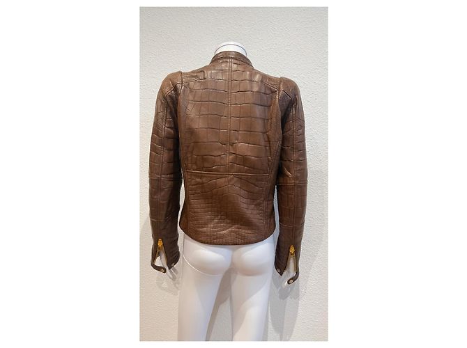 Tom Ford Brown Crocodile Embossed Leather Biker Jacket - view 4