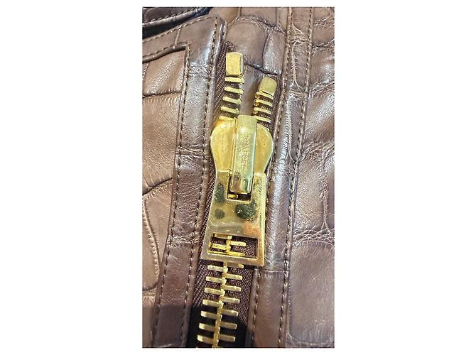 Tom Ford Brown Crocodile Embossed Leather Biker Jacket - view 7