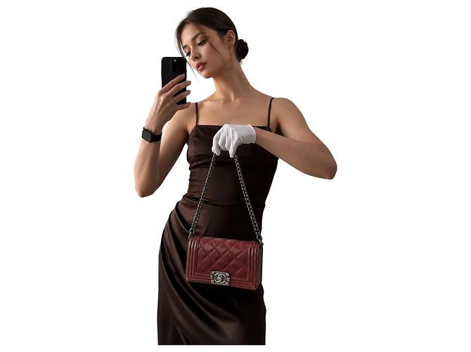 Chanel Borsa Boy Small Double Stitch Pelle di Vitello Bordò - vista 2