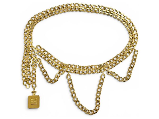 Doppelketten-Gürtel mit Chanel Logo Parfümflakon-Anhänger Golden - Ansicht 4