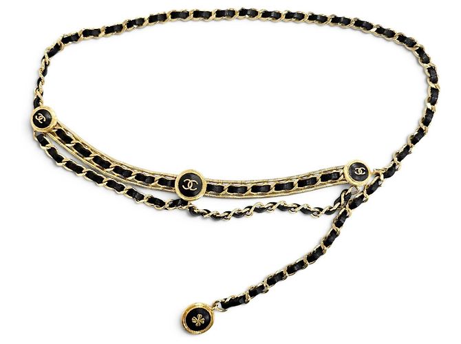 Timeless Chanel Vintage Coco Mark Clover Lederkettengürtel Schwarz Golden - Ansicht 3