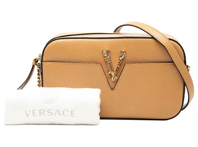 Borsa a tracolla Virtus V in pelle di vitello piccola marrone Versace Caramello - vista 7