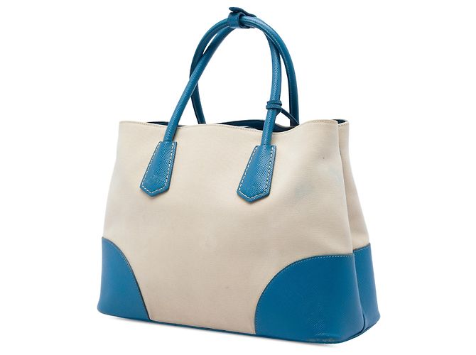 Prada Borsa Double in Tela Beige Medium con Bordi in Pelle Saffiano - vista 2