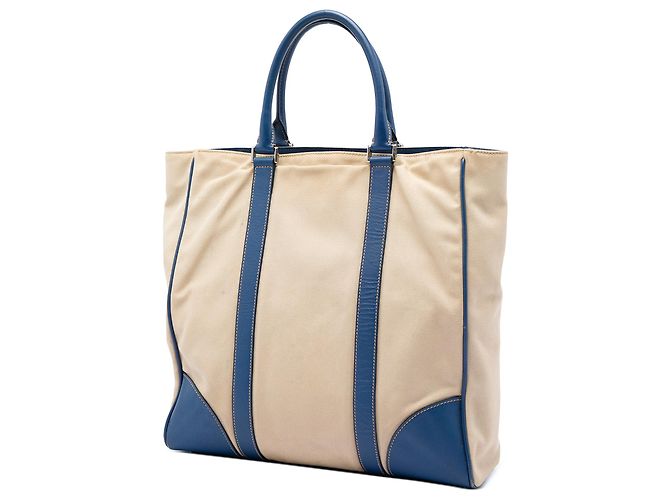 Prada Beige Saffiano Canvas Tote mit Besatz Dunkelblau - Ansicht 2