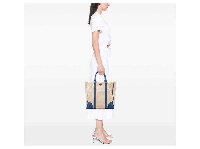 Prada Beige Saffiano Canvas Tote mit Besatz Dunkelblau - Ansicht 6