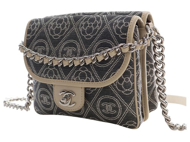Chanel Gray Camellia Printed Canvas Double Side Flap Marrone - vista 8