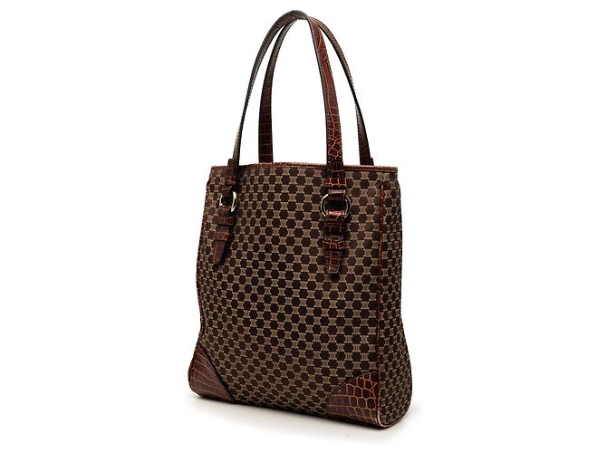 Céline Celine Macadam Canvas Tote mit braunem Krokoprägung-Lederbesatz Dunkelbraun - Ansicht 2