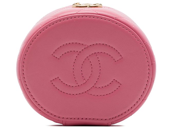 Vanity Necessaire Chanel Mini CC em lambskin matelassê rosa com alça de pérolas e corrente - vista 3