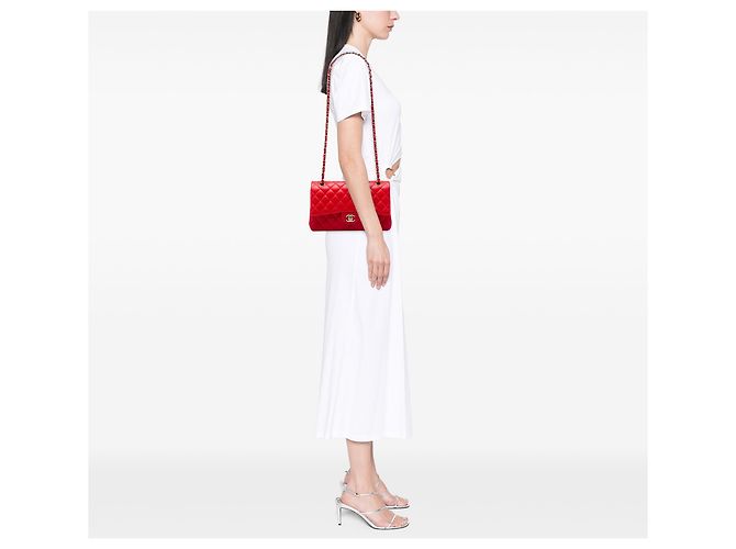 Chanel Red Medium Classic Lambskin Double Flap Rosso - vista 5