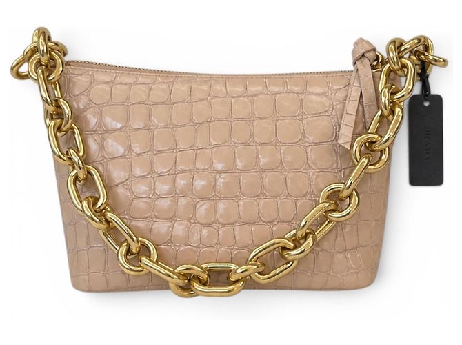 Bolsa Miu Miu em pele de vitelo com estampa de crocodilo e corrente dourada - vista 2