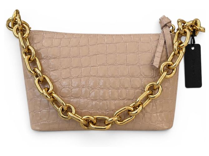 Bolsa Miu Miu em pele de vitelo com estampa de crocodilo e corrente dourada - vista 6