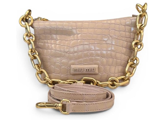 Bolsa Miu Miu em pele de vitelo com estampa de crocodilo e corrente dourada - vista 7