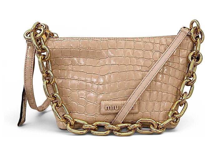 Bolsa Miu Miu em pele de vitelo com estampa de crocodilo e corrente dourada - vista 9
