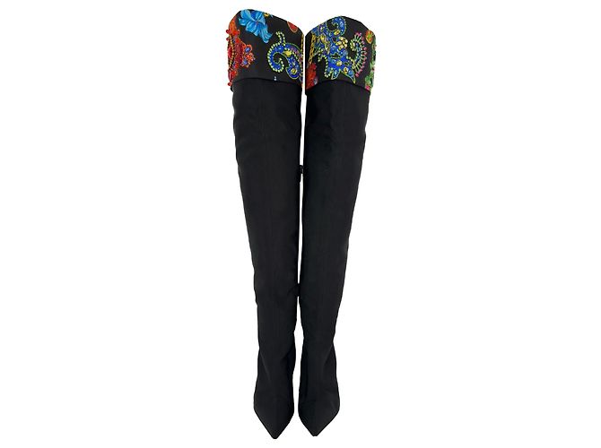 Stivali sopra il ginocchio Versace con cristalli in cotone nero - vista 2