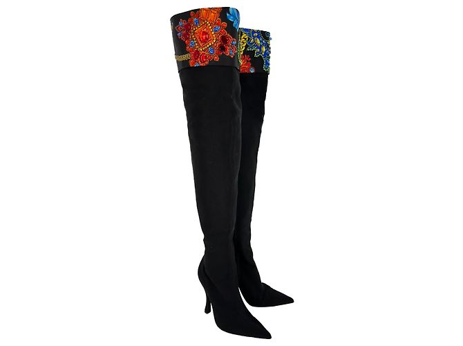 Stivali sopra il ginocchio Versace con cristalli in cotone nero - vista 3