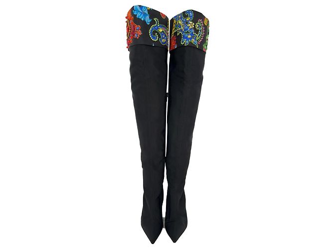 Stivali sopra il ginocchio Versace con cristalli in cotone nero - vista 4