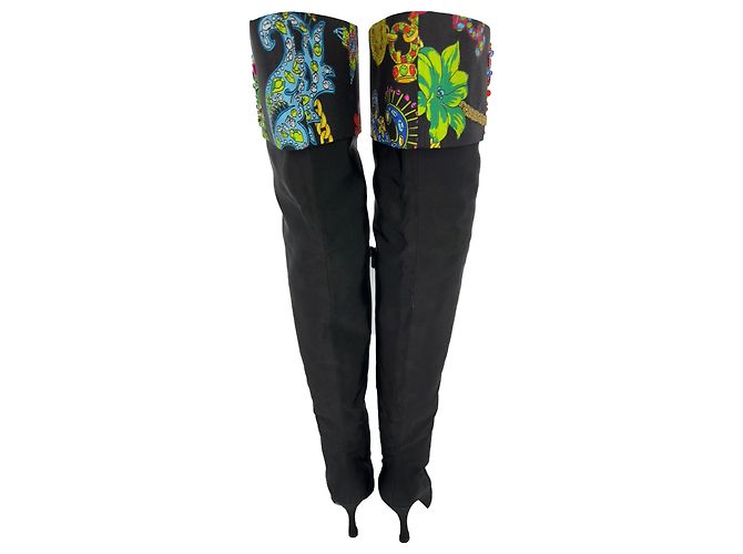 Stivali sopra il ginocchio Versace con cristalli in cotone nero - vista 5