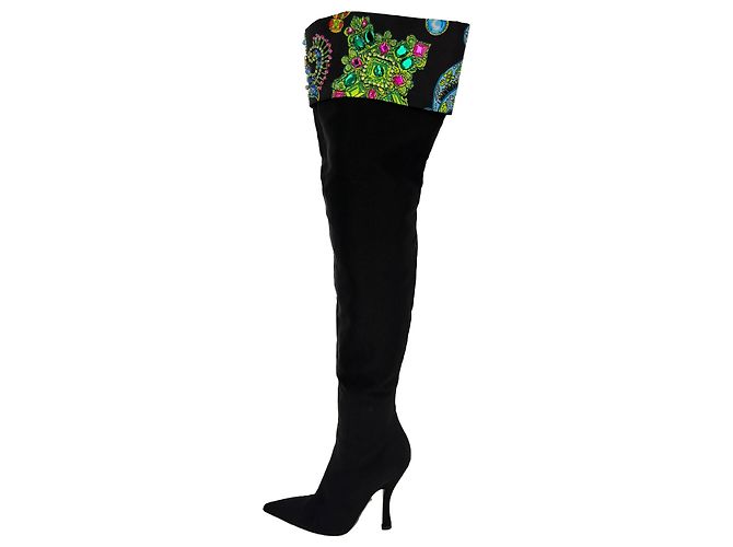 Stivali sopra il ginocchio Versace con cristalli in cotone nero - vista 7