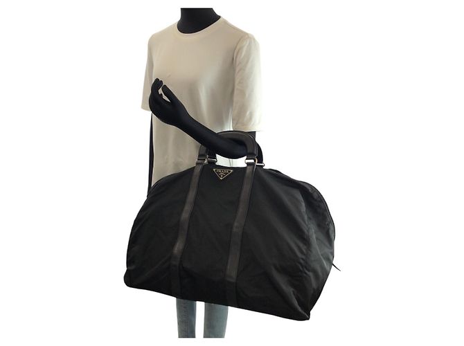 Borsa Boston in Nylon Tessuto Saffiano e Pelle Prada Nero - vista 7
