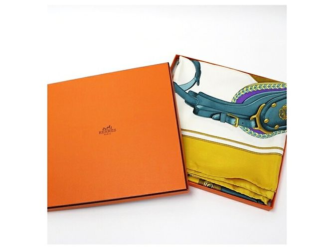 Hermès Hermes Seidentuch Carre 90 - CARRICK A POMPE Weiß Senf - Ansicht 10