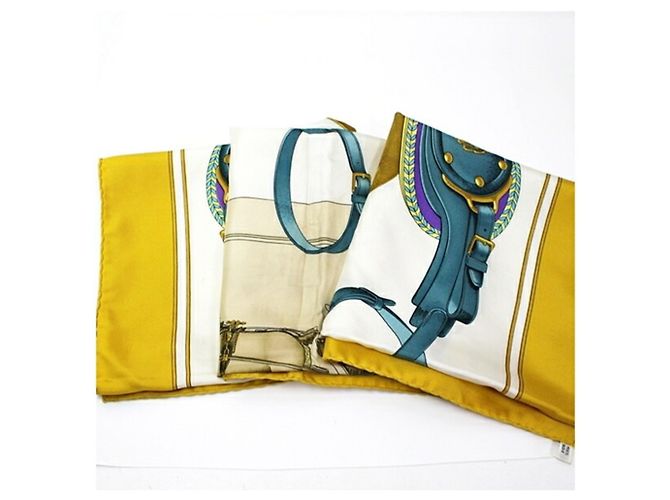 Hermès Hermes Seidentuch Carre 90 - CARRICK A POMPE Weiß Senf - Ansicht 8