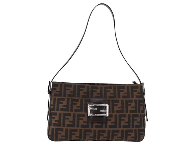 FENDI Zucca Canvas Mamma Baguette Shoulder Bag Black Brown Auth am12180V Marrone Nero - vista 2