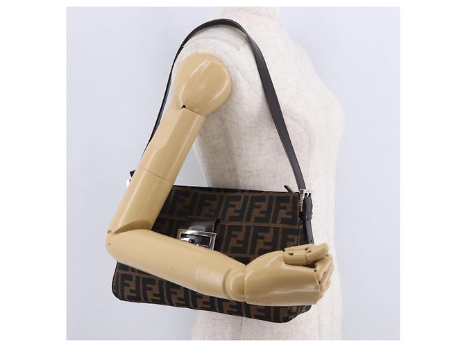 FENDI Zucca Canvas Mamma Baguette Shoulder Bag Black Brown Auth am12180V Marrone Nero - vista 26