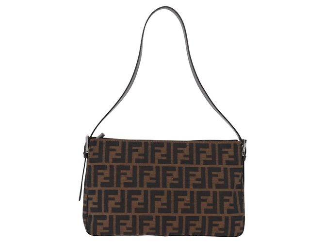 FENDI Zucca Canvas Mamma Baguette Shoulder Bag Black Brown Auth am12180V Marrone Nero - vista 3