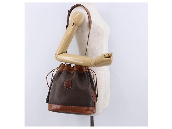 Céline Borsa a Spalla CELINE Macadam Canvas PVC Pelle Marrone Oro Auth 193065 D'oro - vista 25