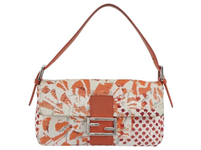 Borsa a Spalla FENDI Mamma Baguette in Tela e Sequins Arancione Argento Auth 187605SM - vista 2