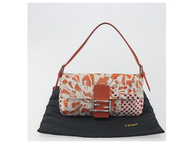 Borsa a Spalla FENDI Mamma Baguette in Tela e Sequins Arancione Argento Auth 187605SM - vista 28