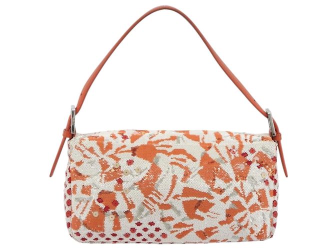 Borsa a Spalla FENDI Mamma Baguette in Tela e Sequins Arancione Argento Auth 187605SM - vista 3