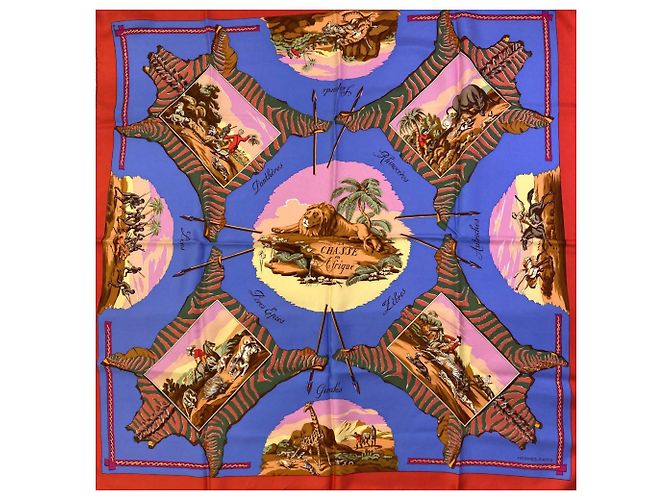 Hermès Hermes Carré 90 African Hunt Seidentuch Rot Blau - Ansicht 3