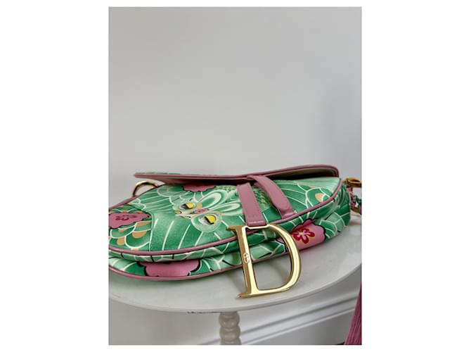 Christian Dior Borsa Saddle 2003 Stampa Floreale e Koi Rosa D'oro Verde - vista 8