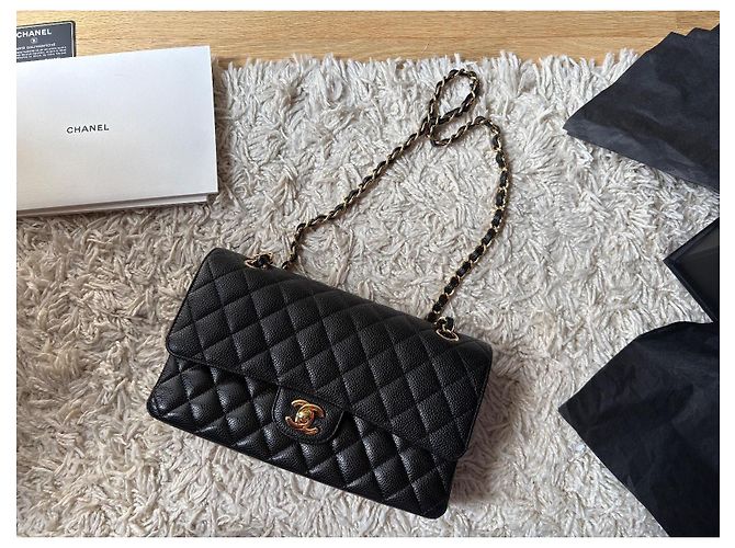Timeless Borsa Chanel Classic Flap Media in Pelle Caviar Nera Nero - vista 6