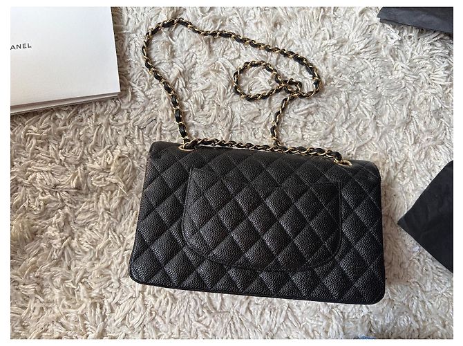 Timeless Borsa Chanel Classic Flap Media in Pelle Caviar Nera Nero - vista 7