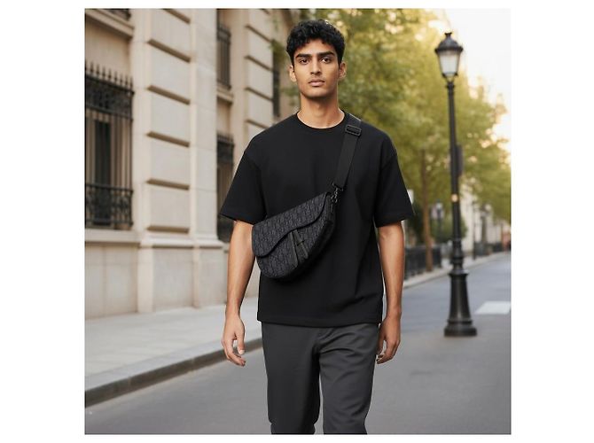 Borsa a tracolla CHRISTIAN DIOR in jacquard Oblique nero con scatola - vista 3