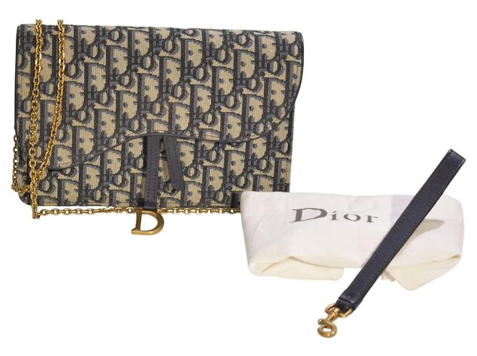 CHRISTIAN DIOR Saddle Chain Wallet Clutch Wristlet Bag in blauem Oblique-Jacquard Beige Dunkelblau - Ansicht 17
