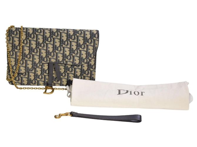 CHRISTIAN DIOR Saddle Chain Wallet Clutch Wristlet Bag in blauem Oblique-Jacquard Beige Dunkelblau - Ansicht 18
