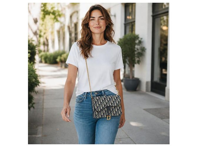 CHRISTIAN DIOR Saddle Chain Wallet Clutch Wristlet Bag in blauem Oblique-Jacquard Beige Dunkelblau - Ansicht 2