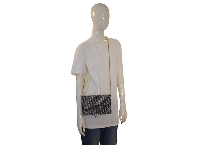 CHRISTIAN DIOR Saddle Chain Wallet Clutch Wristlet Bag in blauem Oblique-Jacquard Beige Dunkelblau - Ansicht 20