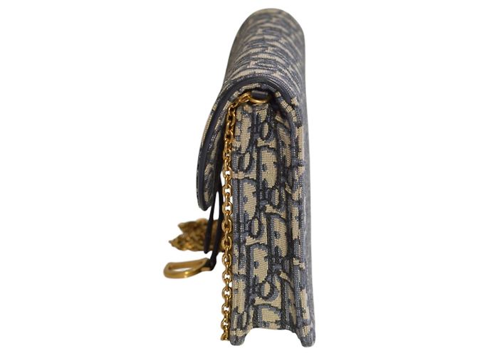CHRISTIAN DIOR Saddle Chain Wallet Clutch Wristlet Bag in blauem Oblique-Jacquard Beige Dunkelblau - Ansicht 6