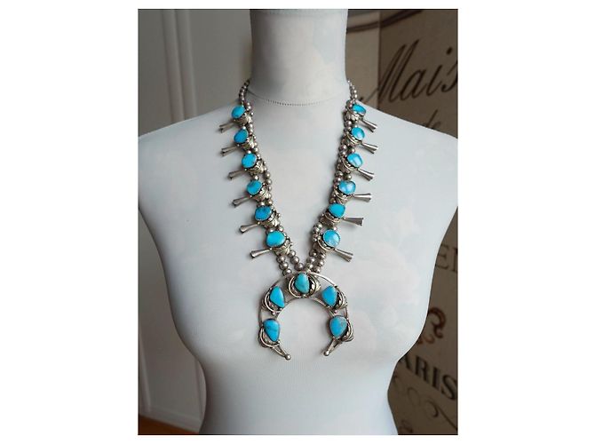 Autre Marque Collana Navajo Squash Blossom in Argento e Turchese Blu - vista 3