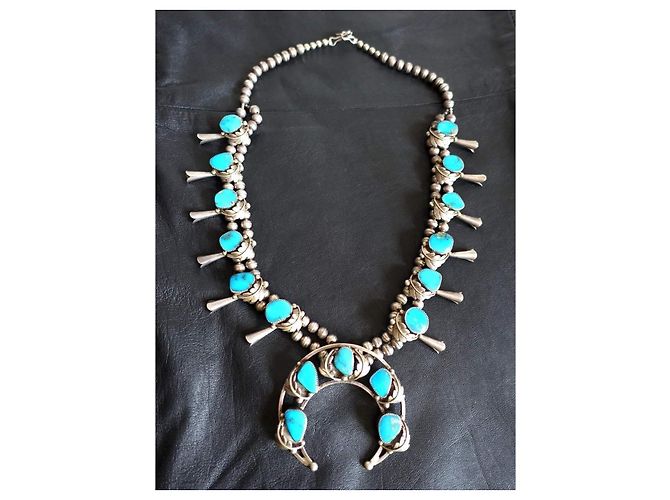 Autre Marque Collana Navajo Squash Blossom in Argento e Turchese Blu - vista 5