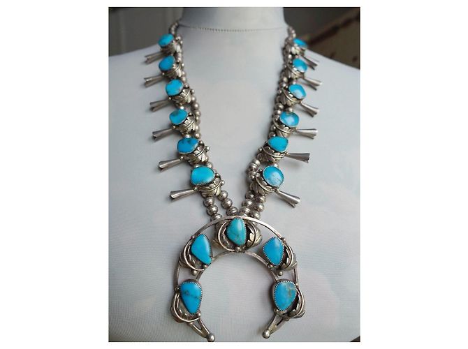 Autre Marque Collana Navajo Squash Blossom in Argento e Turchese Blu - vista 8