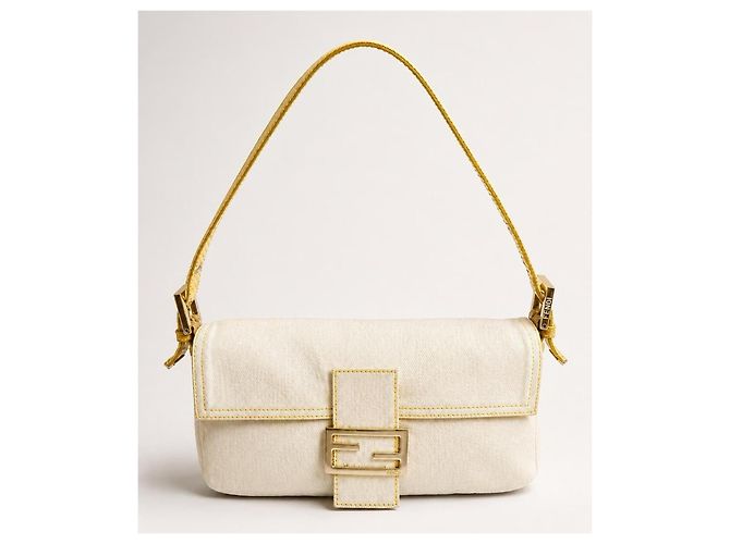 Fendi Baguette Tasche aus weißem Canvas und gelbem Python Silber Hardware - Ansicht 2